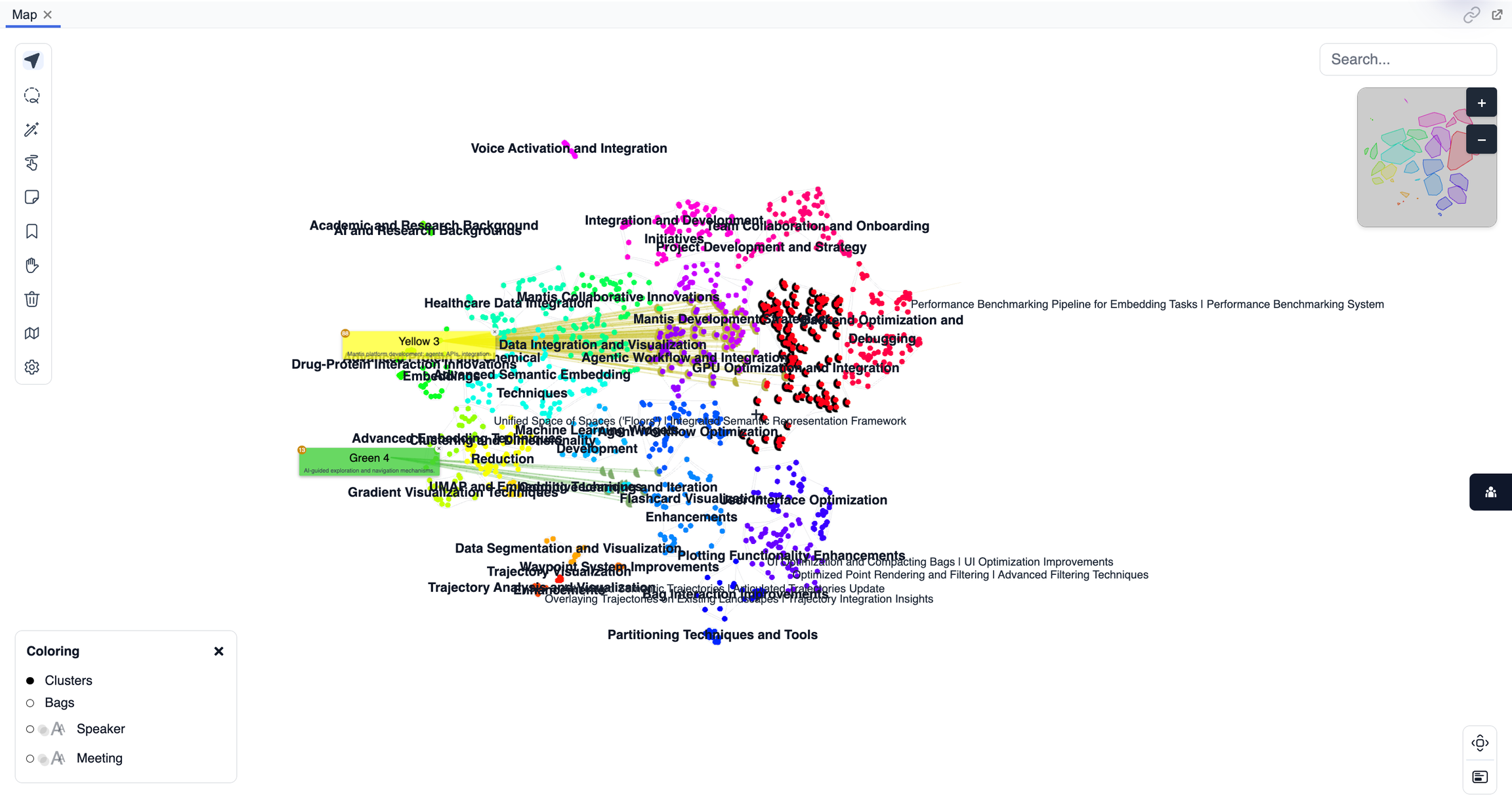 A Mantis map showing colored point clusters with generated labels and a minimap.