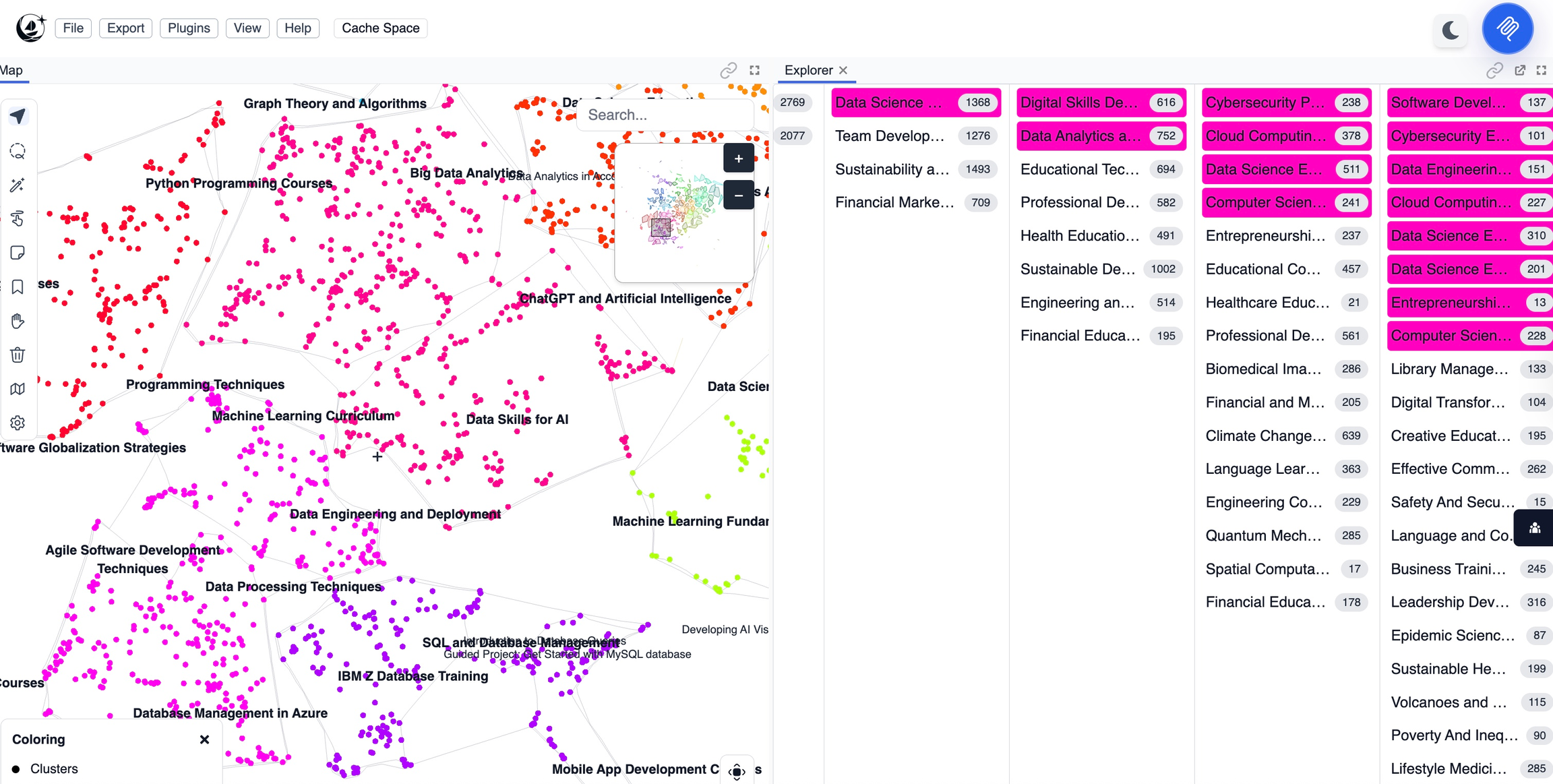 The Explorer panel open beside a map, showing four columns of clusters with point counts, several of them highlighted in pink.