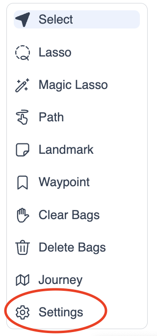 The Mantis tool palette with the Settings entry circled